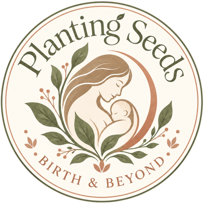 Planting Seeds Birth & Beyond logo: mother embracing her baby, surrounded by sage leaves, terracotta botanical details, and a circular frame
